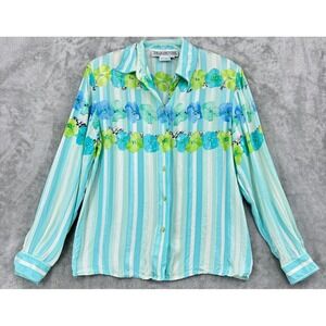 Vintage Starington Blouse Womens 8 Silk Floral Cottage Pocket Office Retro Blue